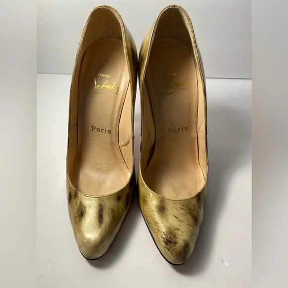 Christian Louboutin leopard print patent leather pumps heels gold black 36.5